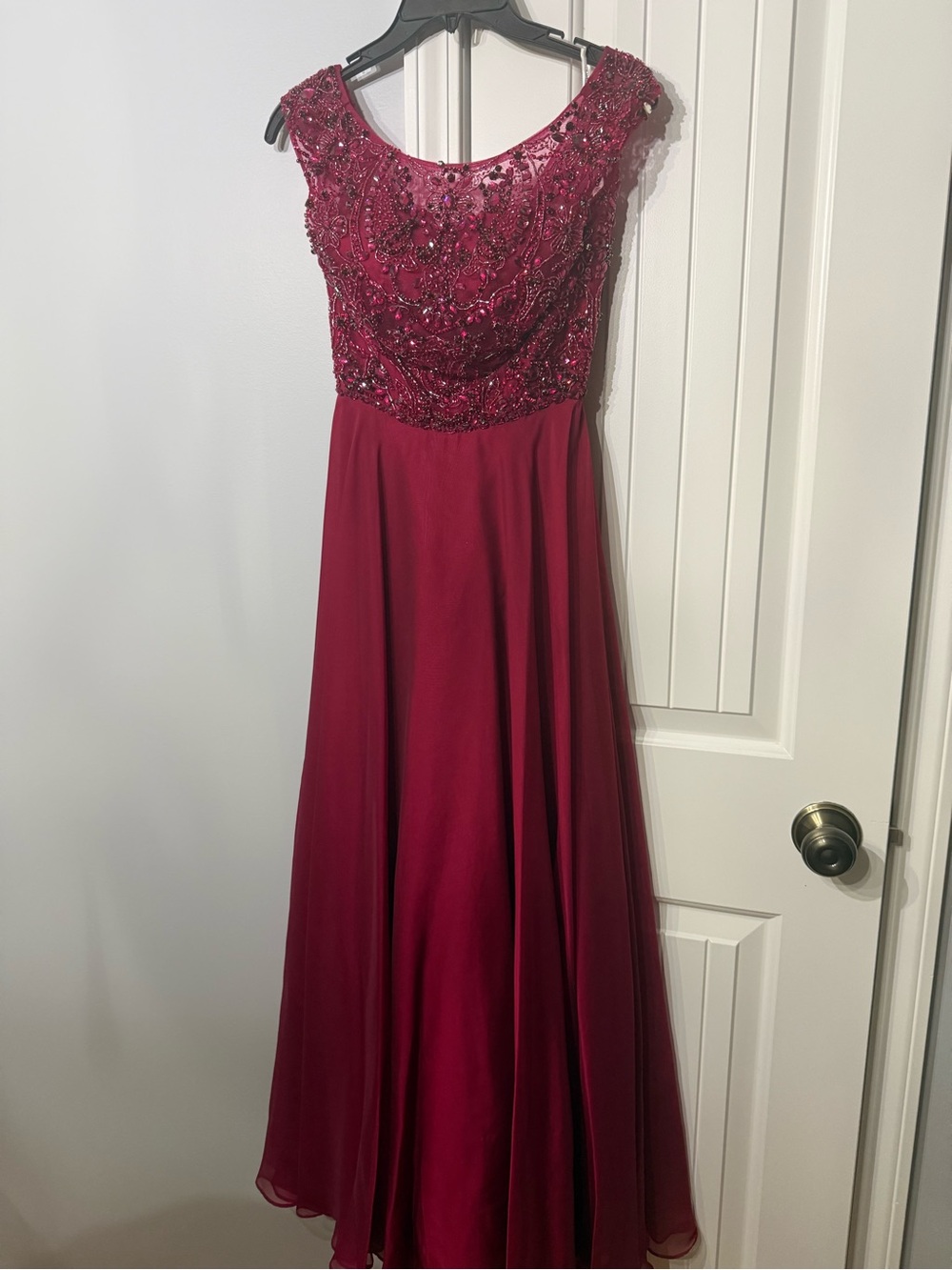 Sherri Hill Evening Beaded Scoop Neck Gown in Wine